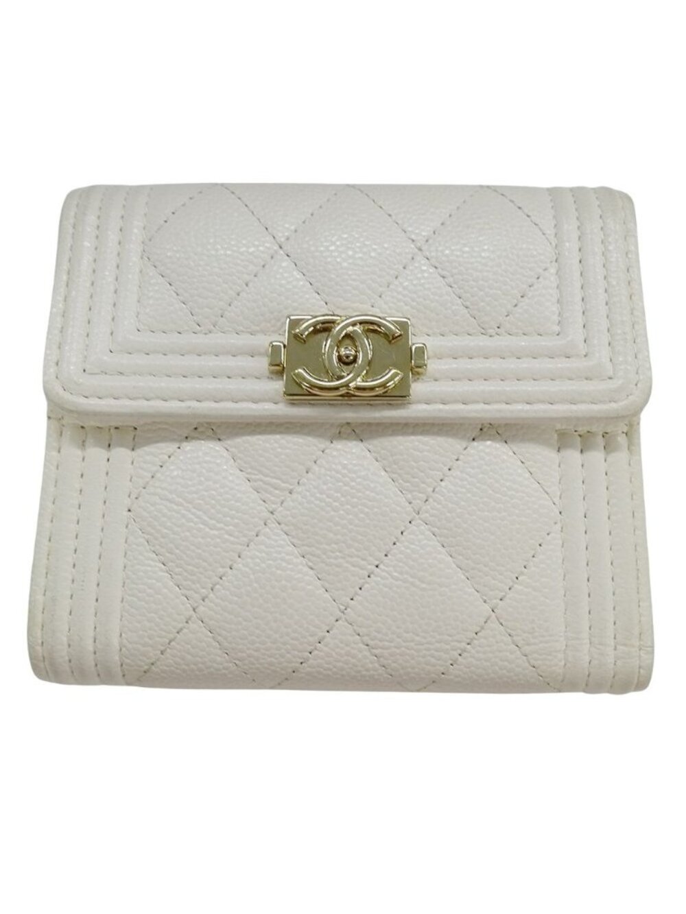 Chanel Wallet Trifold Caviar Leather Boy White Gold Compact